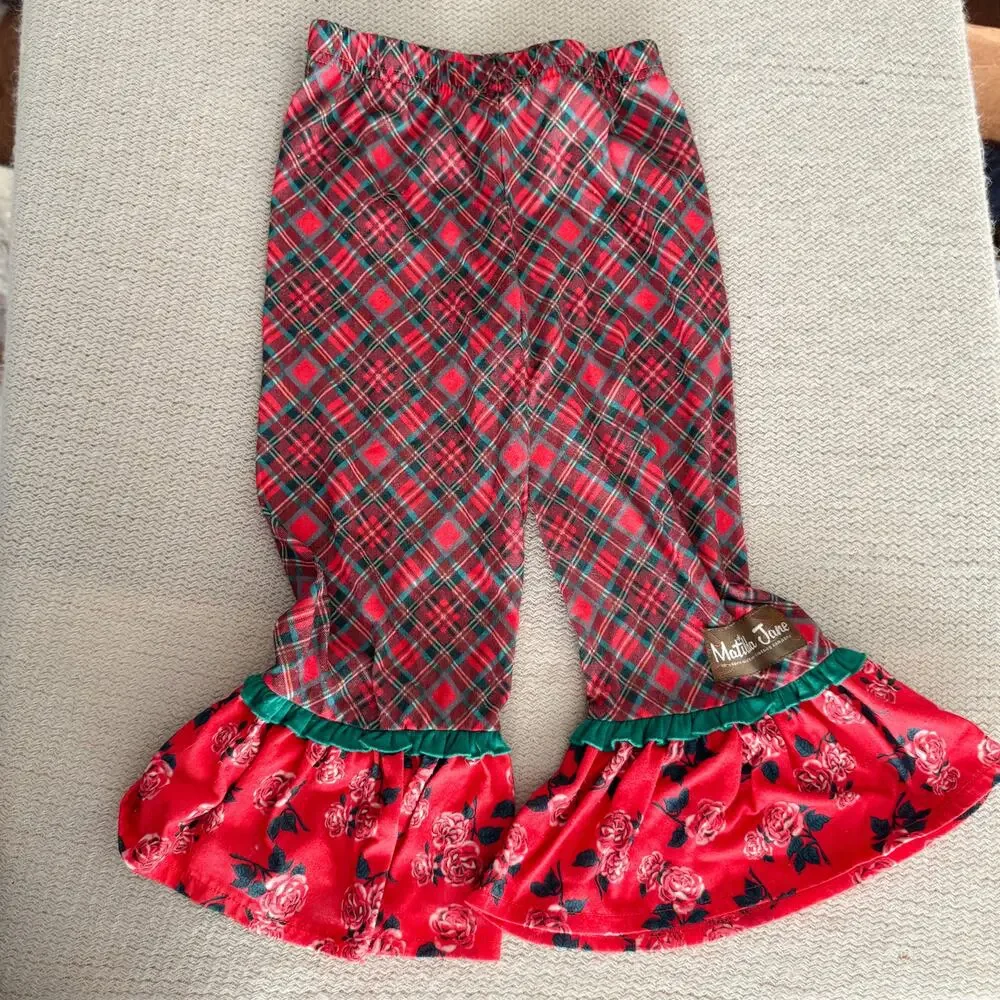 Matilda Jane Blue Red Green Plaid + Floral Flared Two Piece Pajamas 4 Christmas